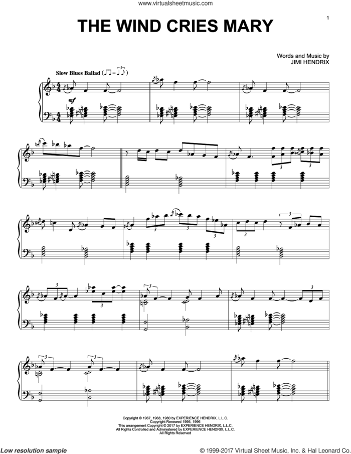 The Wind Cries Mary [Jazz version] sheet music for piano solo by Jimi Hendrix, intermediate skill level