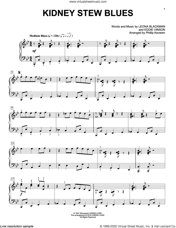 Kidney Stew Blues (arr. Phillip Keveren) sheet music for piano solo by Eddie Vinson, Phillip Keveren and Leona Blackman, intermediate skill level