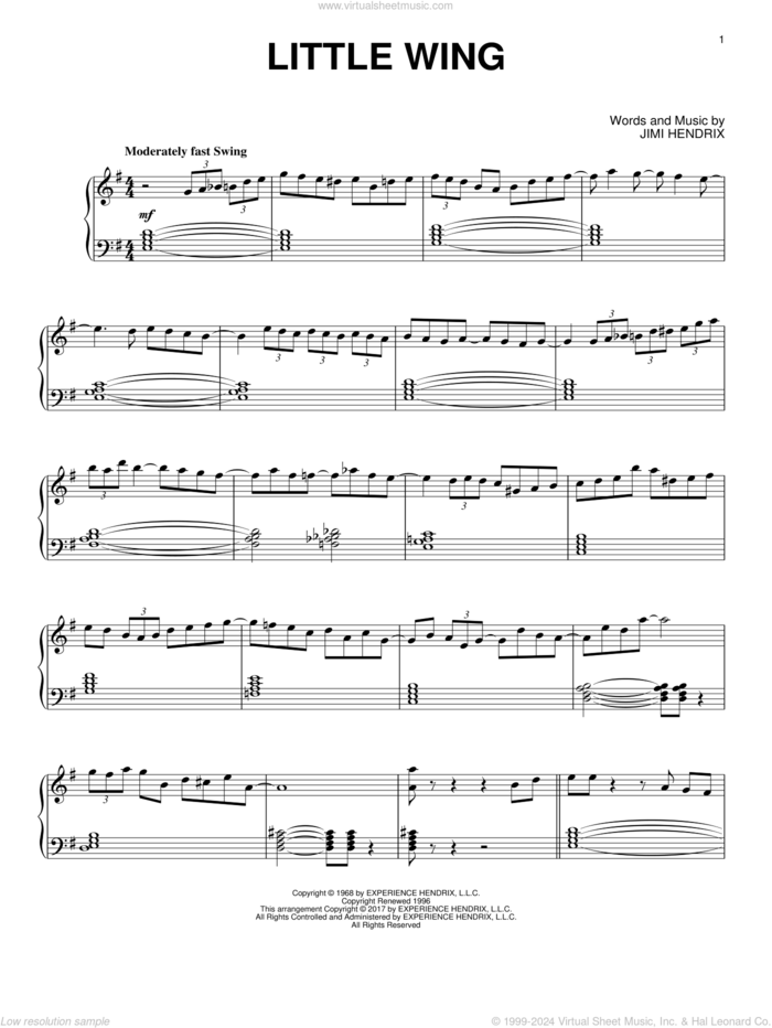 Little Wing [Jazz version] sheet music for piano solo by Jimi Hendrix, intermediate skill level