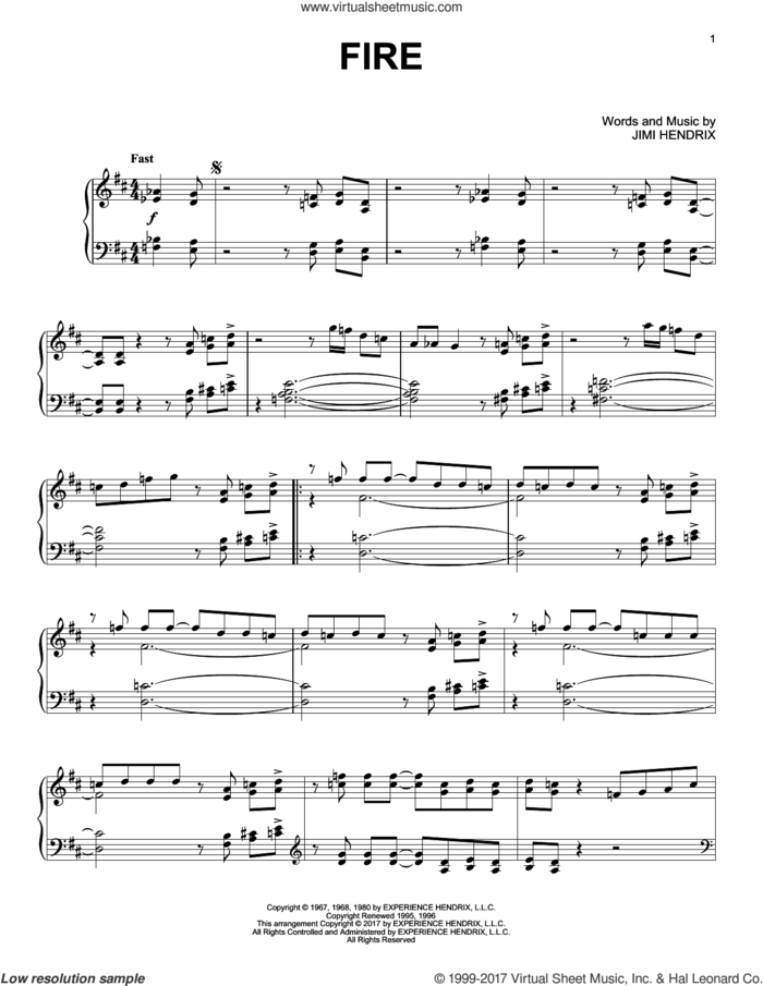 Fire [Jazz version] sheet music for piano solo by Jimi Hendrix, intermediate skill level