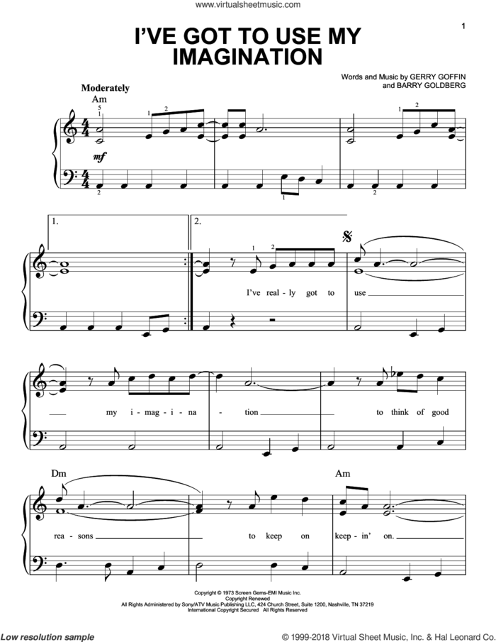 I've Got To Use My Imagination sheet music for piano solo by Gladys Knight & The Pips, Barry Goldberg and Gerry Goffin, beginner skill level