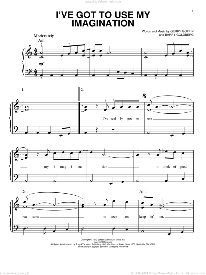 I've Got To Use My Imagination sheet music for piano solo by Gladys Knight & The Pips, Barry Goldberg and Gerry Goffin, beginner skill level