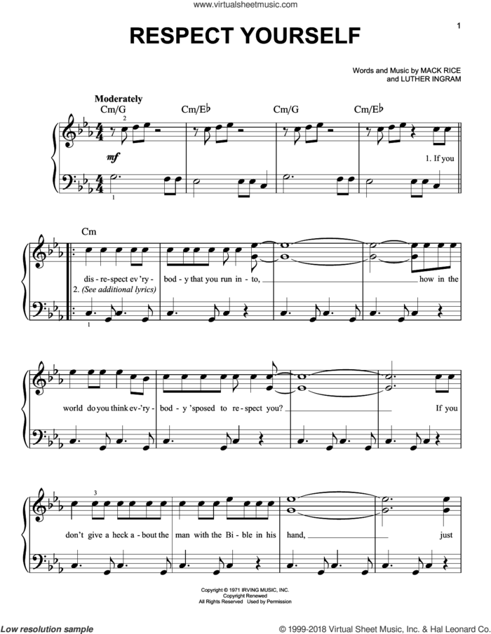Respect Yourself sheet music for piano solo by The Staple Singers, Luther Ingram and Mack Rice, beginner skill level