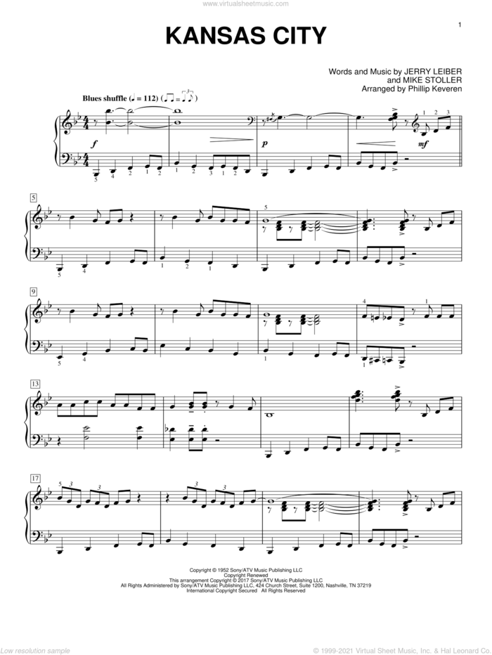 Kansas City (arr. Phillip Keveren) sheet music for piano solo by Mike Stoller, Phillip Keveren, The Beatles, Wilbert Harrison and Jerry Leiber, intermediate skill level