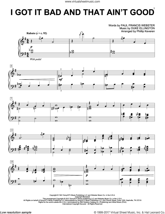 I Got It Bad And That Ain't Good (arr. Phillip Keveren) sheet music for piano solo by Duke Ellington, Phillip Keveren and Paul Francis Webster, intermediate skill level