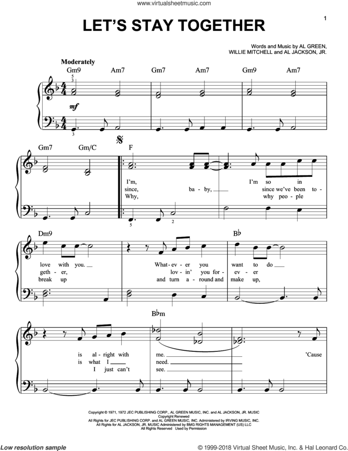Let's Stay Together sheet music for piano solo by Al Green, Al Jackson, Jr. and Willie Mitchell, beginner skill level
