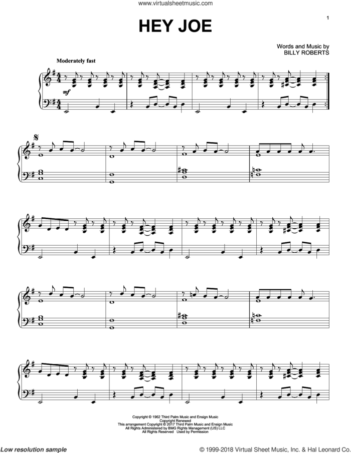 Hey Joe [Jazz version] sheet music for piano solo by Jimi Hendrix and Billy Roberts, intermediate skill level
