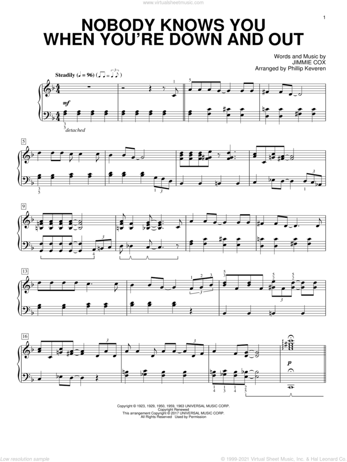 Nobody Knows You When You're Down And Out (arr. Phillip Keveren) sheet music for piano solo by Jimmie Cox, Phillip Keveren and Eric Clapton, intermediate skill level