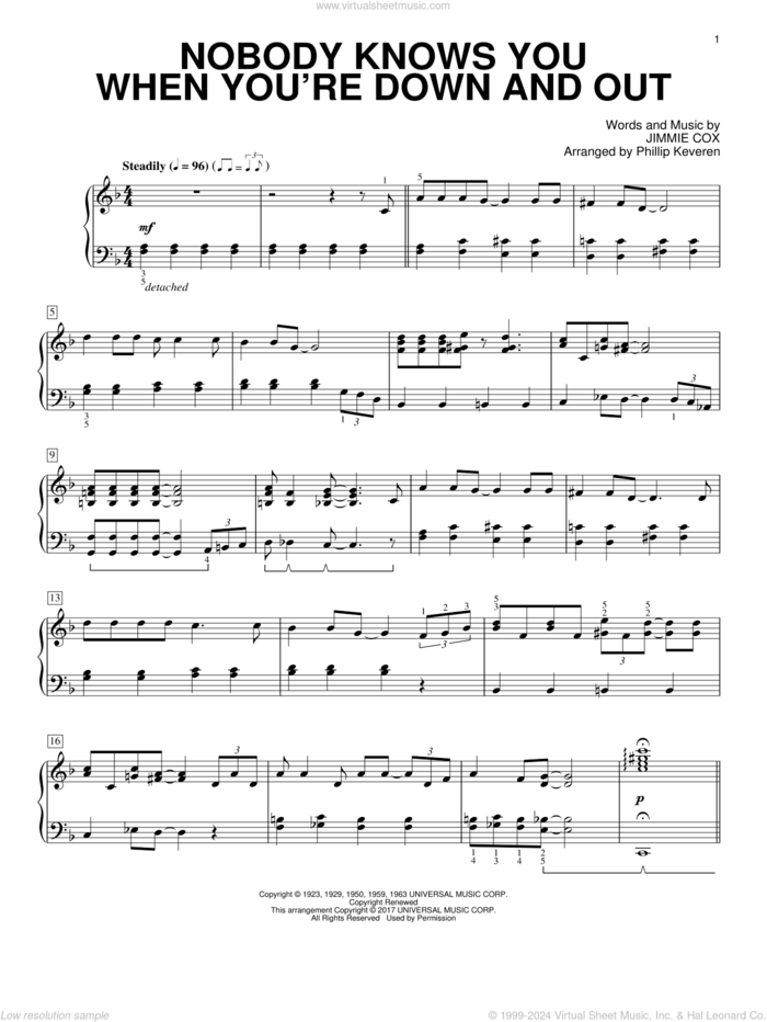 Nobody Knows You When You're Down And Out (arr. Phillip Keveren) sheet music for piano solo by Jimmie Cox, Phillip Keveren and Eric Clapton, intermediate skill level