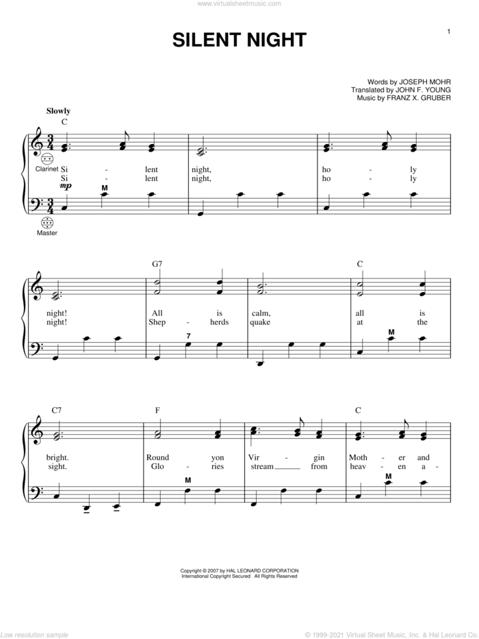Silent Night sheet music for accordion by Joseph Mohr, Gary Meisner, Franz Gruber and John F. Young, intermediate skill level