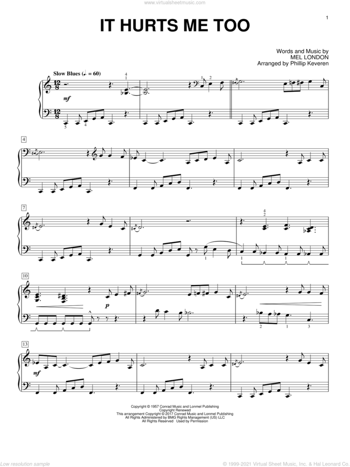 It Hurts Me Too (arr. Phillip Keveren) sheet music for piano solo by Mel London, Phillip Keveren, Elmore James, Elvis Presley and Eric Clapton, intermediate skill level