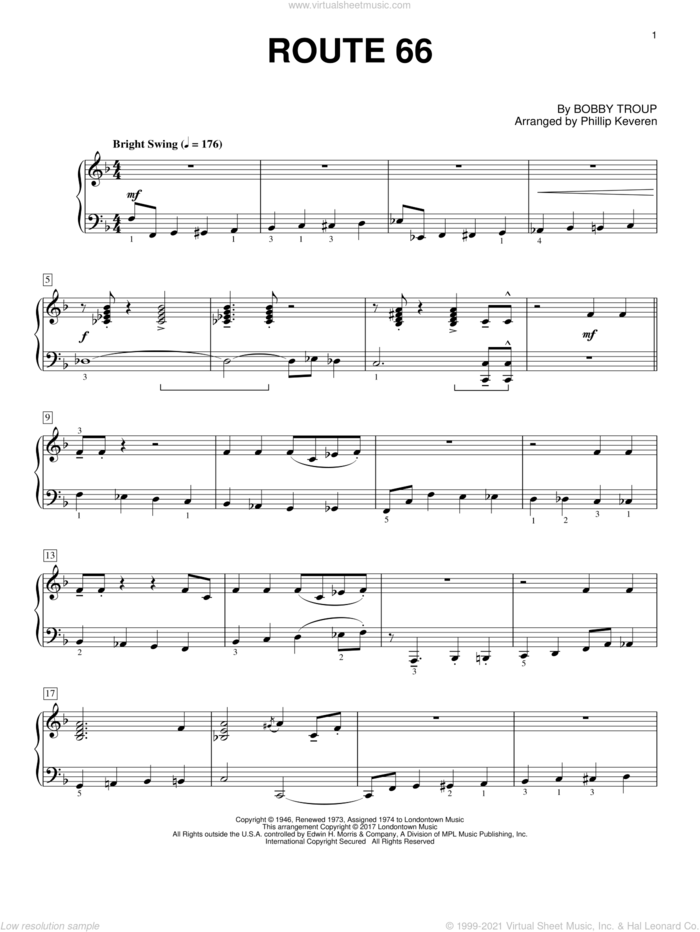 Route 66 (arr. Phillip Keveren) sheet music for piano solo by Bobby Troup, Phillip Keveren and Manhattan Transfer, intermediate skill level