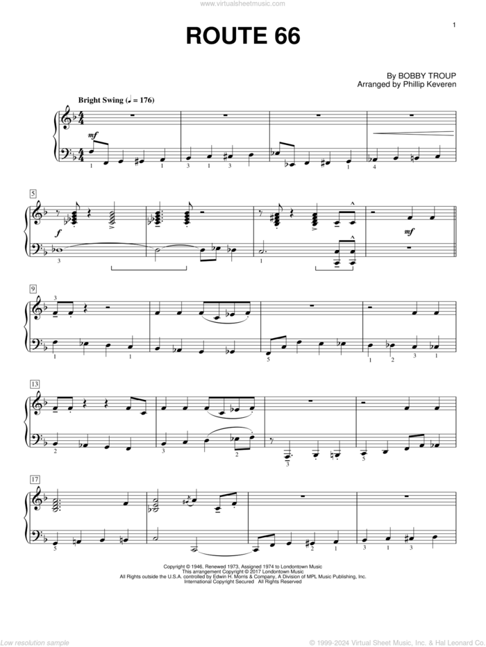 Route 66 (arr. Phillip Keveren) sheet music for piano solo by Bobby Troup, Phillip Keveren and Manhattan Transfer, intermediate skill level