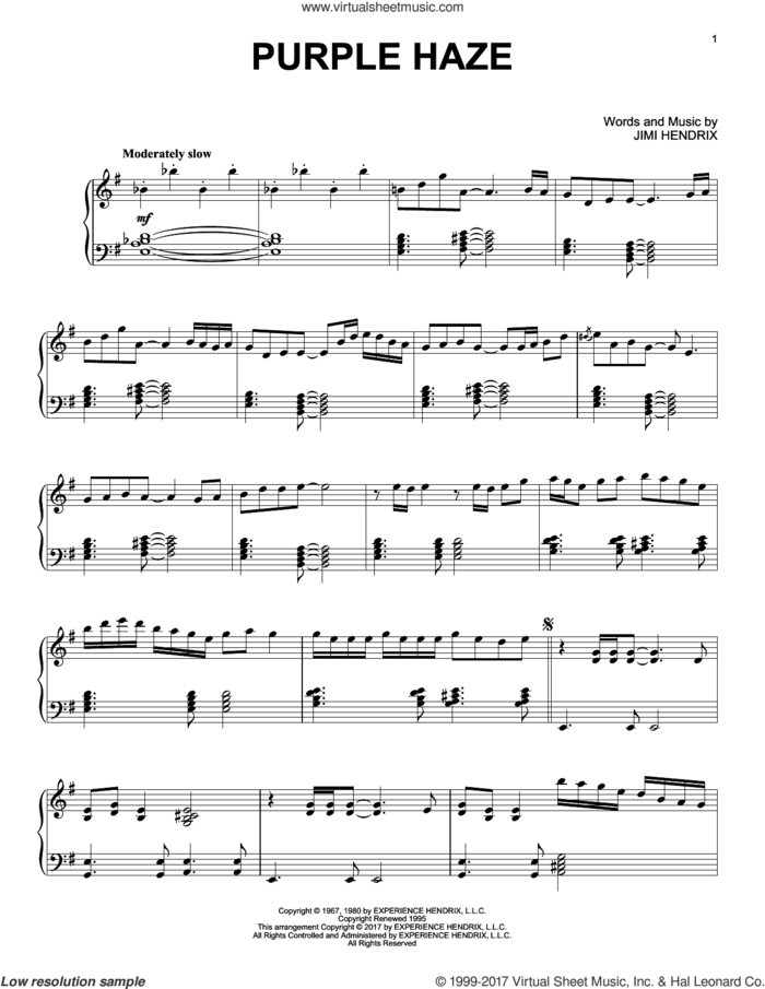 Purple Haze [Jazz version] sheet music for piano solo by Jimi Hendrix, intermediate skill level