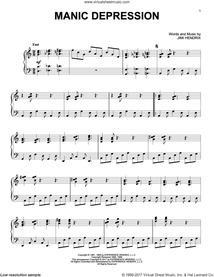 Manic Depression [Jazz version] sheet music for piano solo by Jimi Hendrix, intermediate skill level