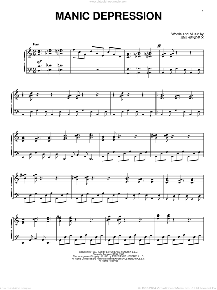 Manic Depression [Jazz version] sheet music for piano solo by Jimi Hendrix, intermediate skill level