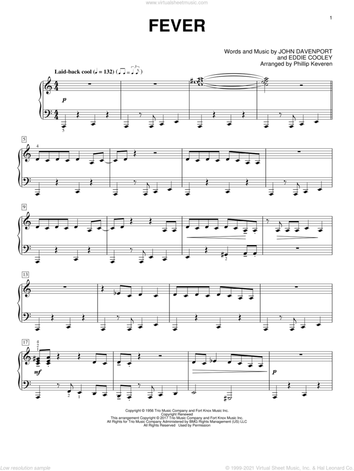 Fever (arr. Phillip Keveren) sheet music for piano solo by Eddie Cooley, Phillip Keveren, Peggy Lee and John Davenport, intermediate skill level