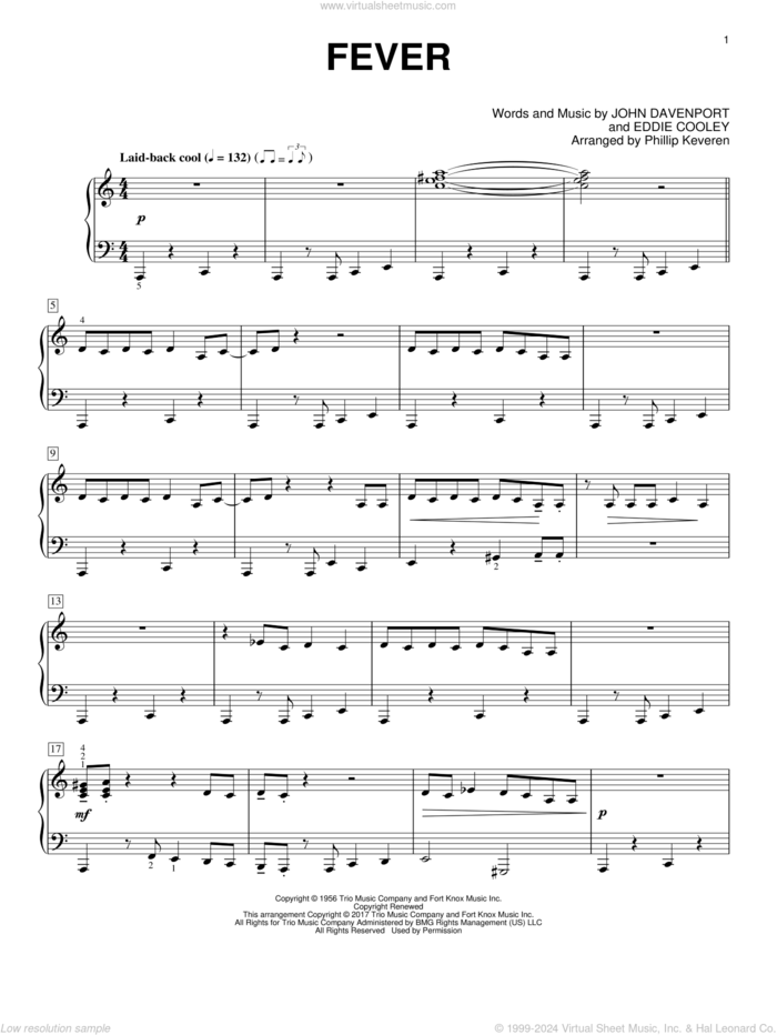 Fever (arr. Phillip Keveren) sheet music for piano solo by Eddie Cooley, Phillip Keveren, Peggy Lee and John Davenport, intermediate skill level