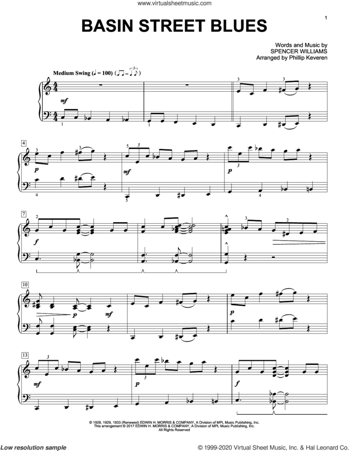 Basin Street Blues (arr. Phillip Keveren) sheet music for piano solo by Spencer Williams and Phillip Keveren, intermediate skill level