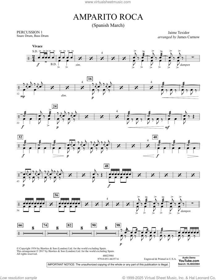 Amparito Roca (Spanish March) sheet music for concert band (percussion 1) by James Curnow and Jaime Texidor, intermediate skill level