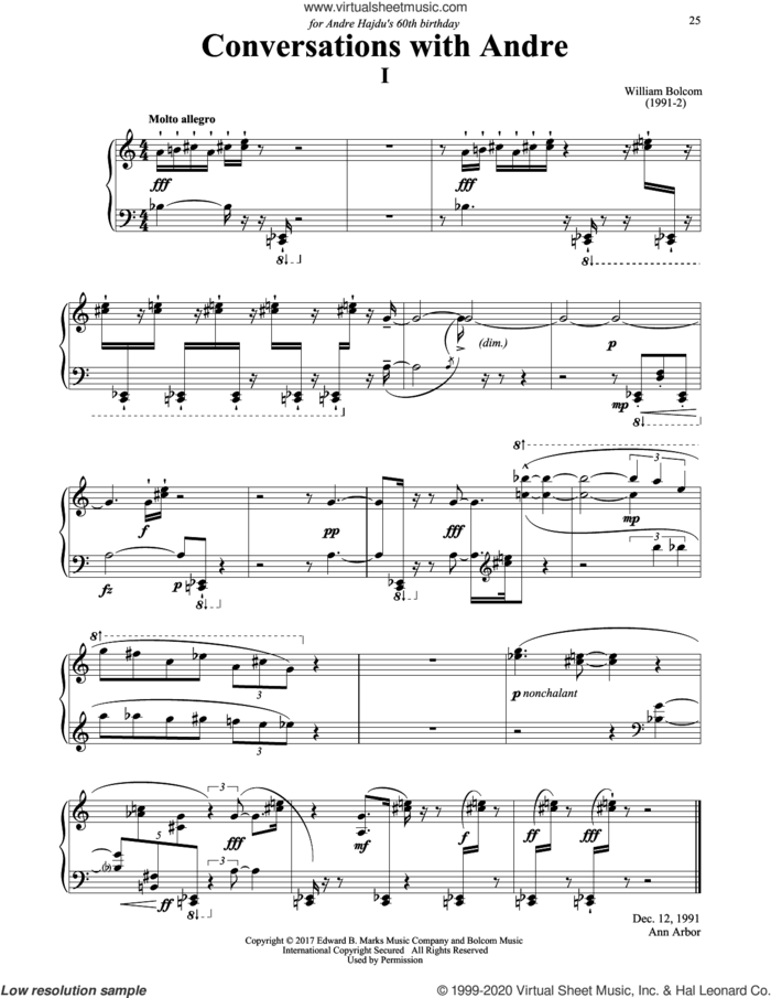 Conversations with Andre sheet music for piano solo by William Bolcom, classical score, intermediate skill level