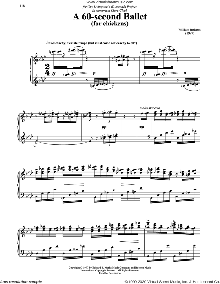 A 60-Second Ballet (For Chickens) sheet music for piano solo by William Bolcom, classical score, intermediate skill level