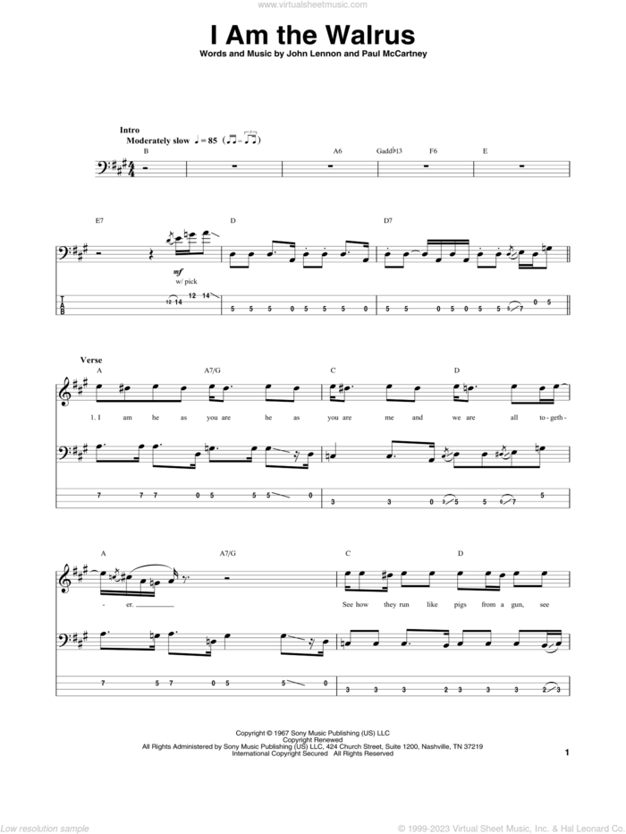 I Am The Walrus sheet music for bass (tablature) (bass guitar) by The Beatles, John Lennon and Paul McCartney, intermediate skill level