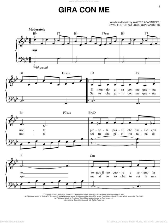 Gira Con Me sheet music for piano solo by Josh Groban, David Foster, Lucio Quarantotto and Walter Afanasieff, easy skill level