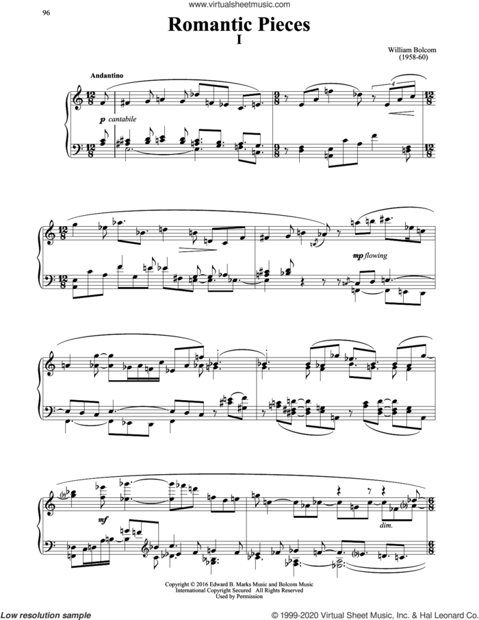 Romantic Pieces sheet music for piano solo by William Bolcom, classical score, intermediate skill level