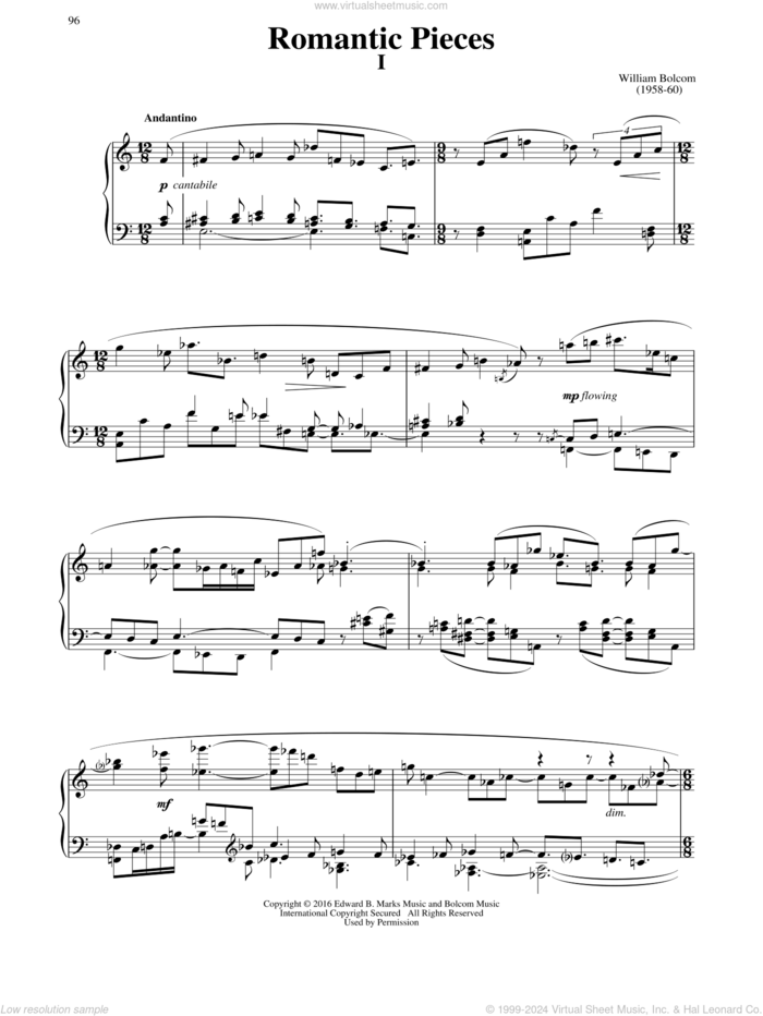 Romantic Pieces sheet music for piano solo by William Bolcom, classical score, intermediate skill level