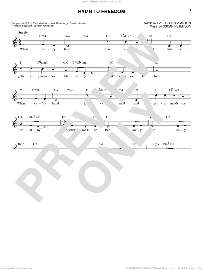 Hymn To Freedom sheet music for voice and other instruments (fake book) by Oscar Peterson and Harriette Hamilton, intermediate skill level