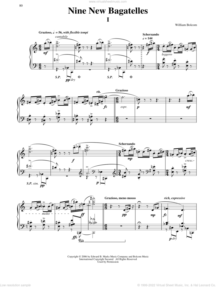 Nine New Bagatelles sheet music for piano solo by William Bolcom, classical score, intermediate skill level