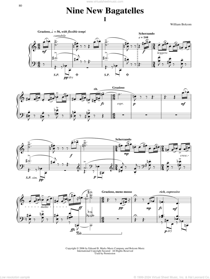 Nine New Bagatelles sheet music for piano solo by William Bolcom, classical score, intermediate skill level