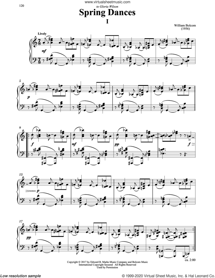 Spring Dances sheet music for piano solo by William Bolcom, classical score, intermediate skill level