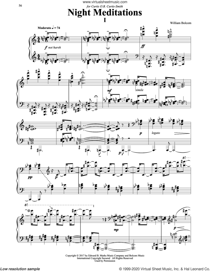 Night Meditations sheet music for piano solo by William Bolcom, classical score, intermediate skill level