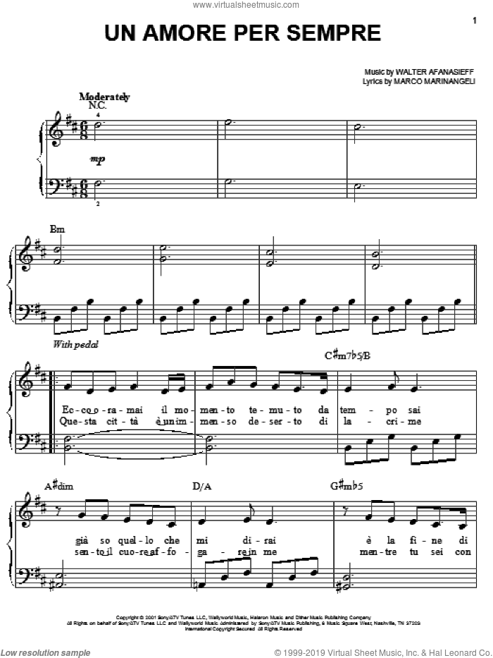 Un Amore Per Sempre sheet music for piano solo by Josh Groban, Marco Marinangeli and Walter Afanasieff, easy skill level