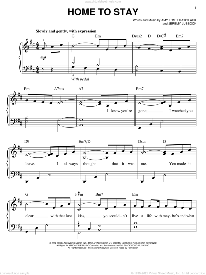 Home To Stay sheet music for piano solo by Josh Groban, Amy Foster-Skylark and Jeremy Lubbock, easy skill level