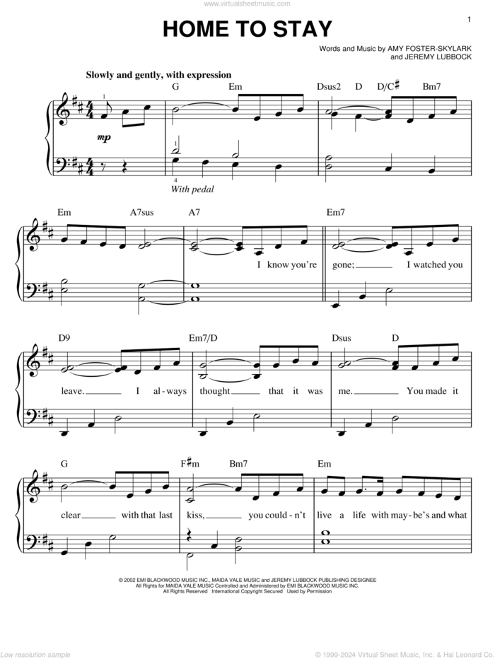 Home To Stay sheet music for piano solo by Josh Groban, Amy Foster-Skylark and Jeremy Lubbock, easy skill level