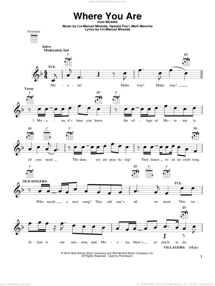 Where You Are (from Moana) sheet music for ukulele by Lin-Manuel Miranda and Mark Mancina, intermediate skill level