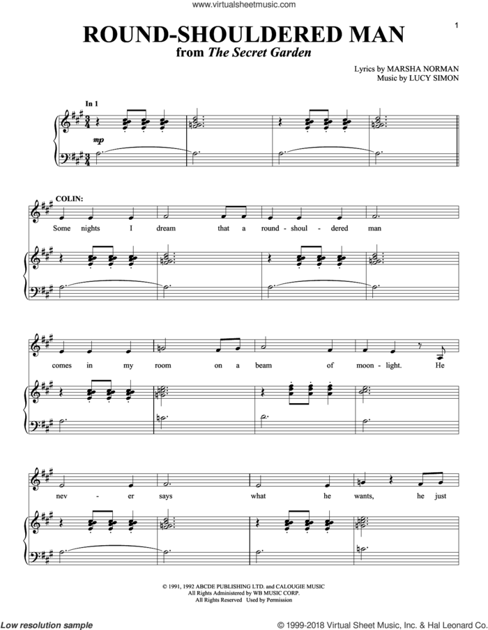 Round-Shouldered Man sheet music for voice and piano by Marsha Norman and Lucy Simon, intermediate skill level