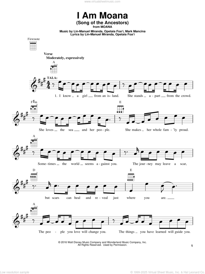 I Am Moana (Song Of The Ancestors) (from Moana) sheet music for ukulele by Lin-Manuel Miranda and Mark Mancina, intermediate skill level