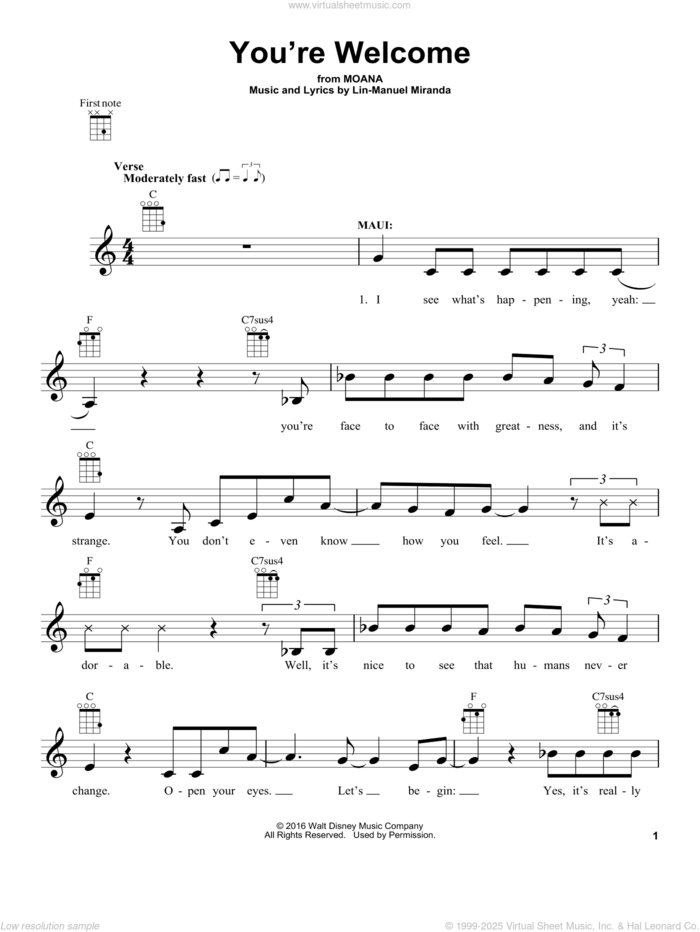 You're Welcome (from Moana) sheet music for ukulele by Lin-Manuel Miranda and Mark Mancina, intermediate skill level