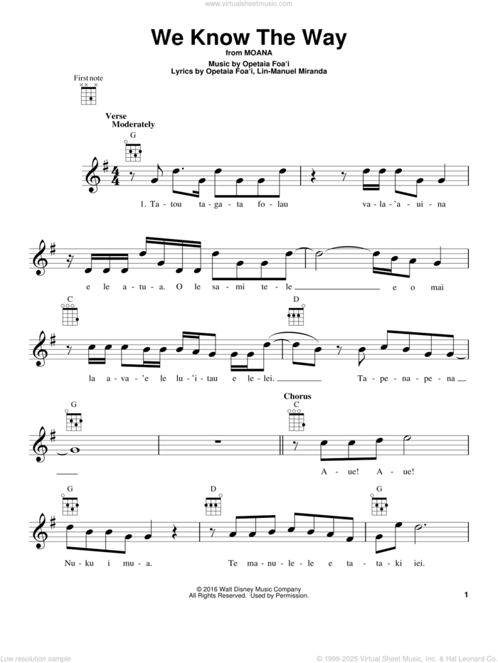 We Know The Way (from Moana) sheet music for ukulele by Lin-Manuel Miranda and Mark Mancina, intermediate skill level