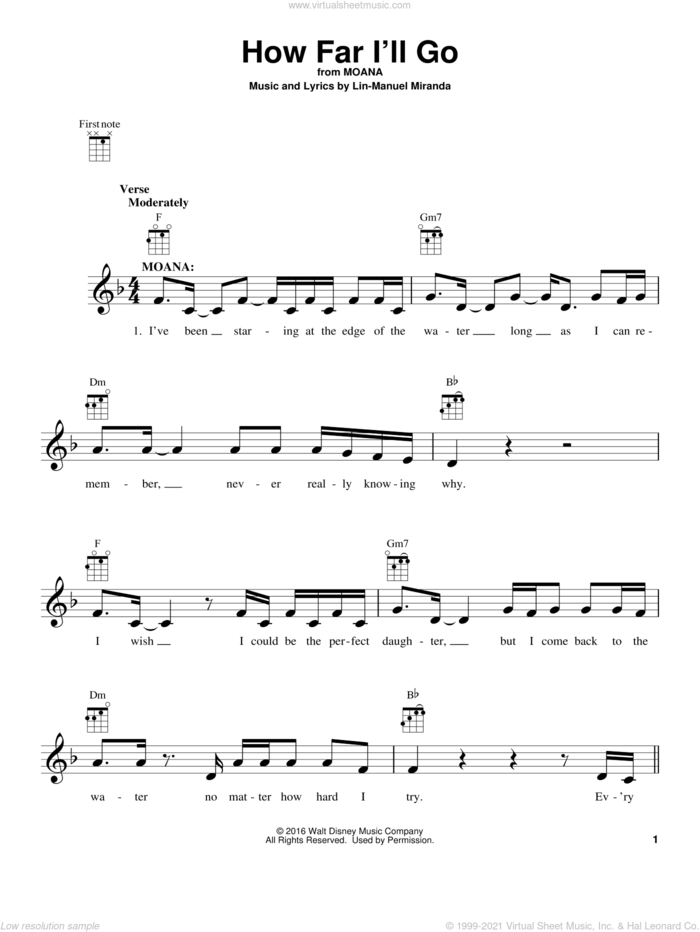 How Far I'll Go (from Moana) sheet music for ukulele by Lin-Manuel Miranda, Alessia Cara and Mark Mancina, intermediate skill level