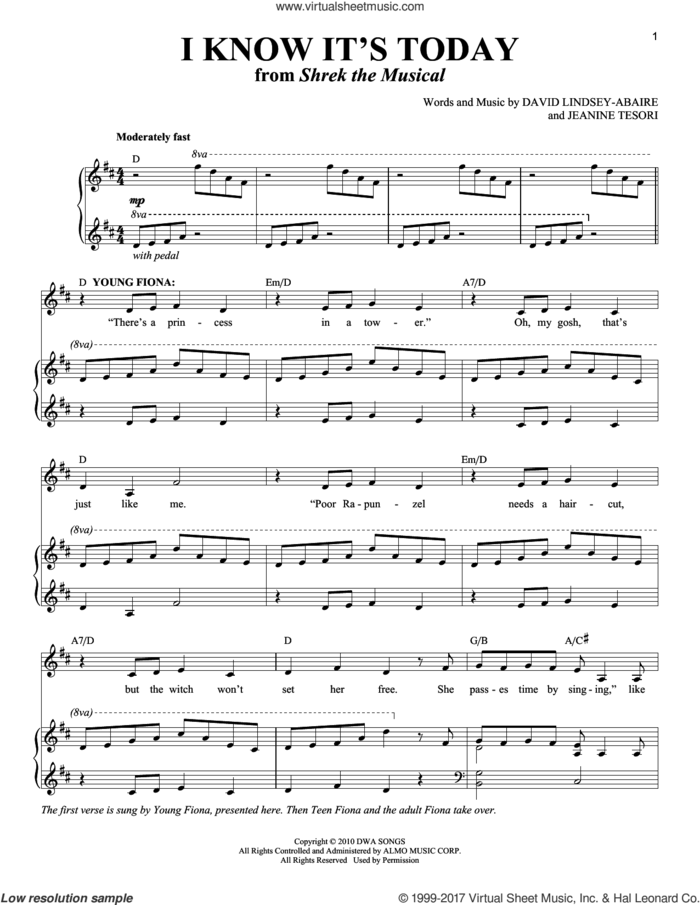I Know It's Today (Young Fiona) sheet music for voice and piano by Jeanine Tesori and David Lindsay-Abaire, intermediate skill level