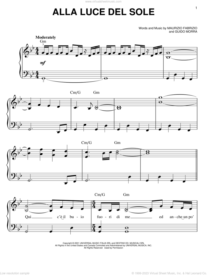 Alla Luce Del Sole sheet music for piano solo by Josh Groban, Guido Morra and Maurizio Fabrizio, easy skill level