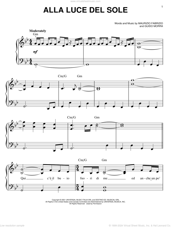 Alla Luce Del Sole sheet music for piano solo by Josh Groban, Guido Morra and Maurizio Fabrizio, easy skill level