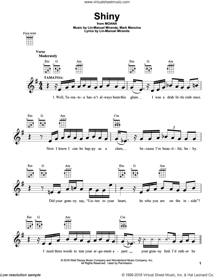Shiny (from Moana) sheet music for ukulele by Lin-Manuel Miranda and Mark Mancina, intermediate skill level