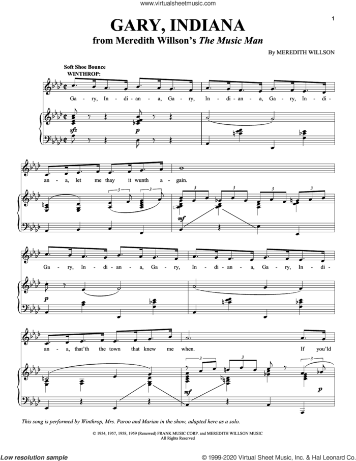 Gary, Indiana sheet music for voice and piano by Meredith Willson, intermediate skill level