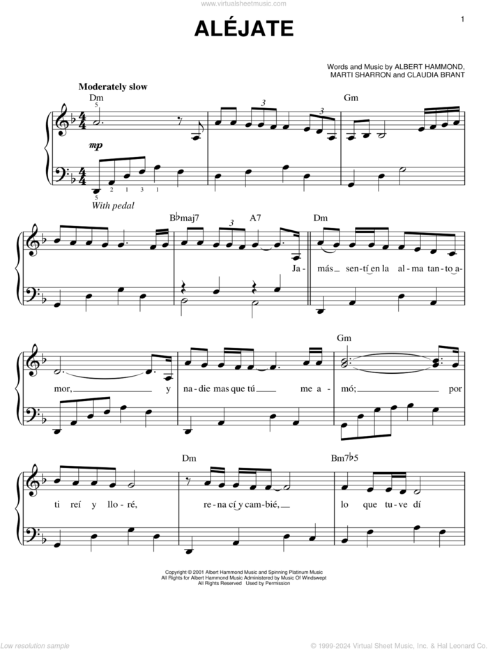 Alejate sheet music for piano solo by Josh Groban, Albert Hammond, Claudia Brant and Marti Sharron, easy skill level